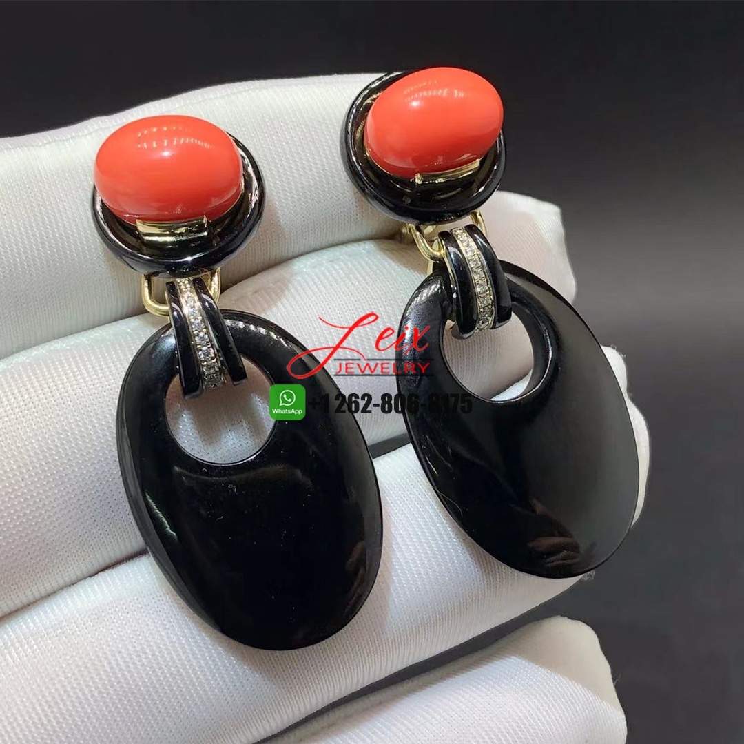 David Webb Platinum & 18k Yellow Gold Onyx and Coral Drop Door Knocker Earrings (1) David Webb Platinum & 18k Yellow Gold Onyx and Coral Drop Door Knocker Earrings