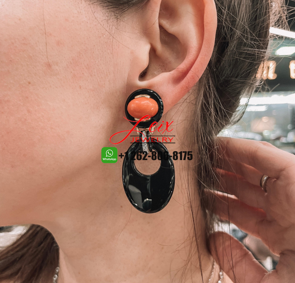 David Webb Platinum & 18k Yellow Gold Onyx and Coral Drop Door Knocker Earrings (1) David Webb Platinum & 18k Yellow Gold Onyx and Coral Drop Door Knocker Earrings