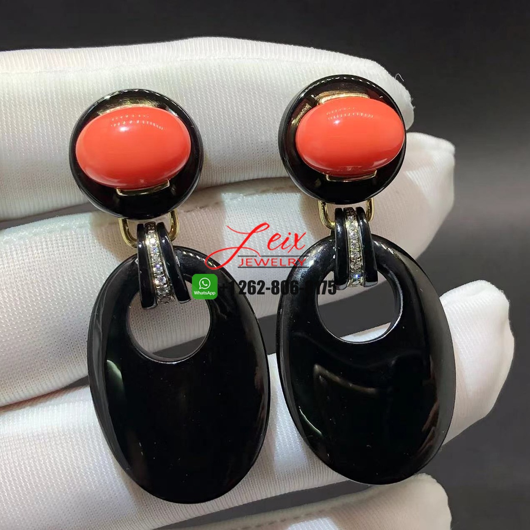 David Webb Platinum & 18k Yellow Gold Onyx and Coral Drop Door Knocker Earrings David Webb Platinum & 18k Yellow Gold Onyx and Coral Drop Door Knocker Earrings