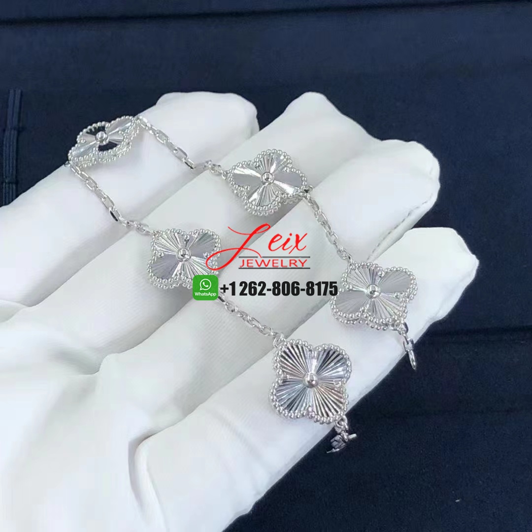 VCA Vintage Alhambra 5 Motifs Guilloché Rhodium Plated 18K White Gold Bracelet (1) VCA Vintage Alhambra 5 Motifs Guilloché Rhodium Plated 18K White Gold Bracelet