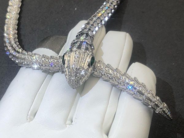 Bulgari 18k White Gold Full Pavé Diamond High Jewelry Serpenti Necklace
