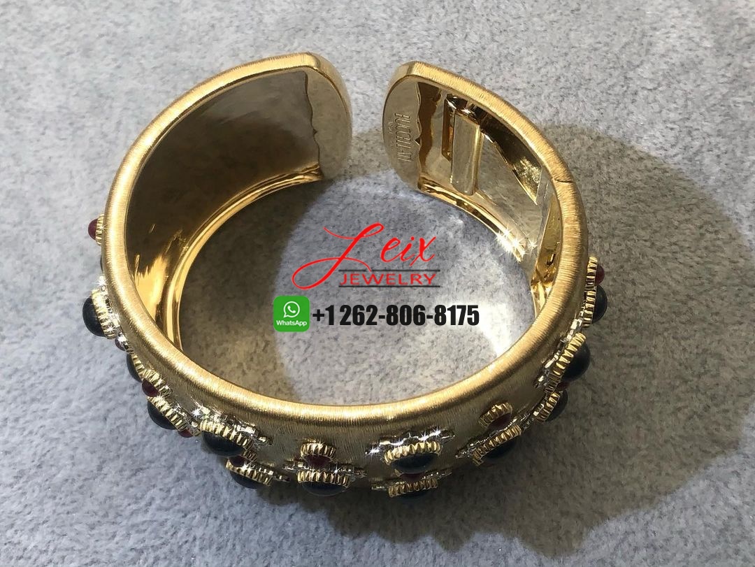 Mario Buccellati Sapphire, Ruby Diamond 18k Yellow Gold Wide Cuff Bracelet (1) Mario Buccellati Sapphire, Ruby Diamond 18k Yellow Gold Wide Cuff Bracelet