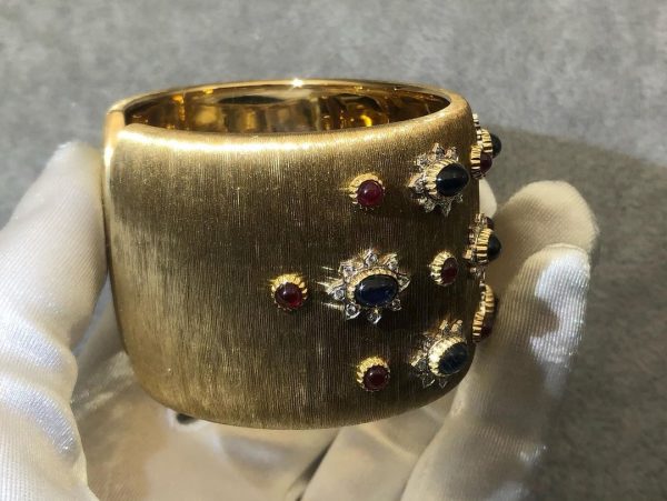 Mario Buccellati Sapphire, Ruby Diamond 18k Yellow Gold Wide Cuff Bracelet