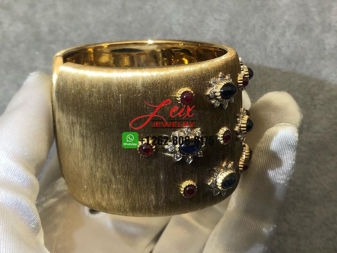 Mario Buccellati Sapphire, Ruby Diamond 18k Yellow Gold Wide Cuff Bracelet (2) Mario Buccellati Sapphire, Ruby Diamond 18k Yellow Gold Wide Cuff Bracelet