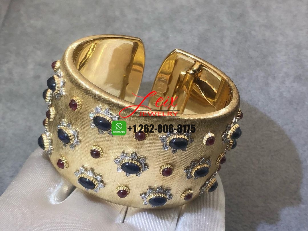 Mario Buccellati Sapphire, Ruby Diamond 18k Yellow Gold Wide Cuff Bracelet (3) Mario Buccellati Sapphire, Ruby Diamond 18k Yellow Gold Wide Cuff Bracelet