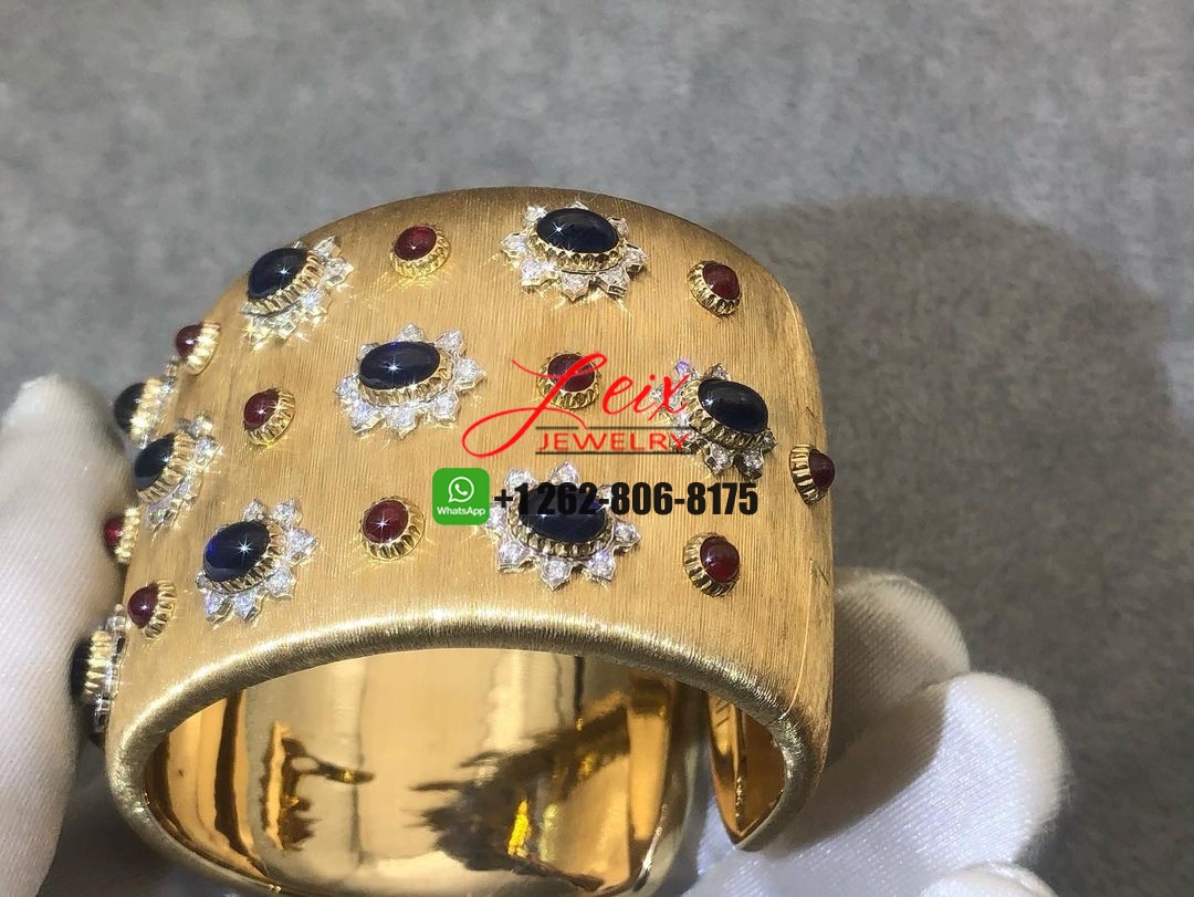 Mario Buccellati Sapphire, Ruby Diamond 18k Yellow Gold Wide Cuff Bracelet (4) Mario Buccellati Sapphire, Ruby Diamond 18k Yellow Gold Wide Cuff Bracelet