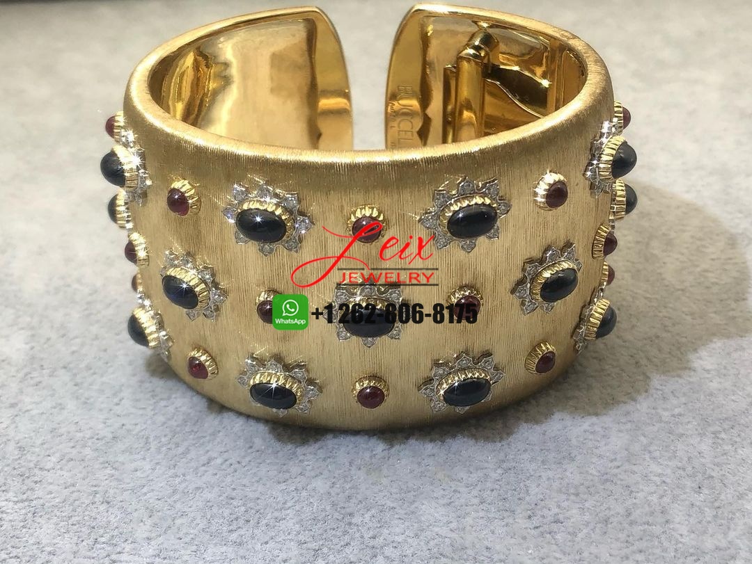 Mario Buccellati Sapphire, Ruby Diamond 18k Yellow Gold Wide Cuff Bracelet (5) Mario Buccellati Sapphire, Ruby Diamond 18k Yellow Gold Wide Cuff Bracelet