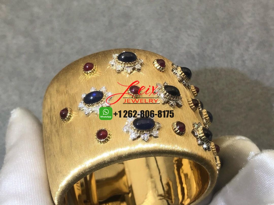 Mario Buccellati Sapphire, Ruby Diamond 18k Yellow Gold Wide Cuff Bracelet (6) Mario Buccellati Sapphire, Ruby Diamond 18k Yellow Gold Wide Cuff Bracelet