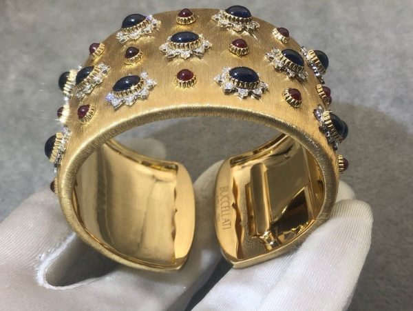 Mario Buccellati Sapphire, Ruby Diamond 18k Yellow Gold Wide Cuff Bracelet