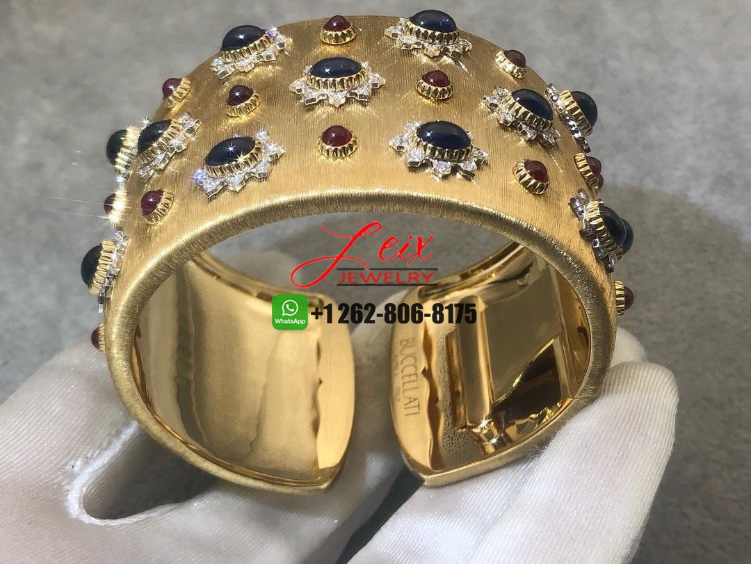 Mario Buccellati Sapphire, Ruby Diamond 18k Yellow Gold Wide Cuff Bracelet (7) Mario Buccellati Sapphire, Ruby Diamond 18k Yellow Gold Wide Cuff Bracelet