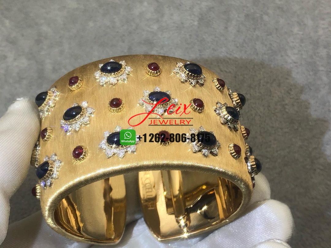 Mario Buccellati Sapphire, Ruby Diamond 18k Yellow Gold Wide Cuff Bracelet (8) Mario Buccellati Sapphire, Ruby Diamond 18k Yellow Gold Wide Cuff Bracelet