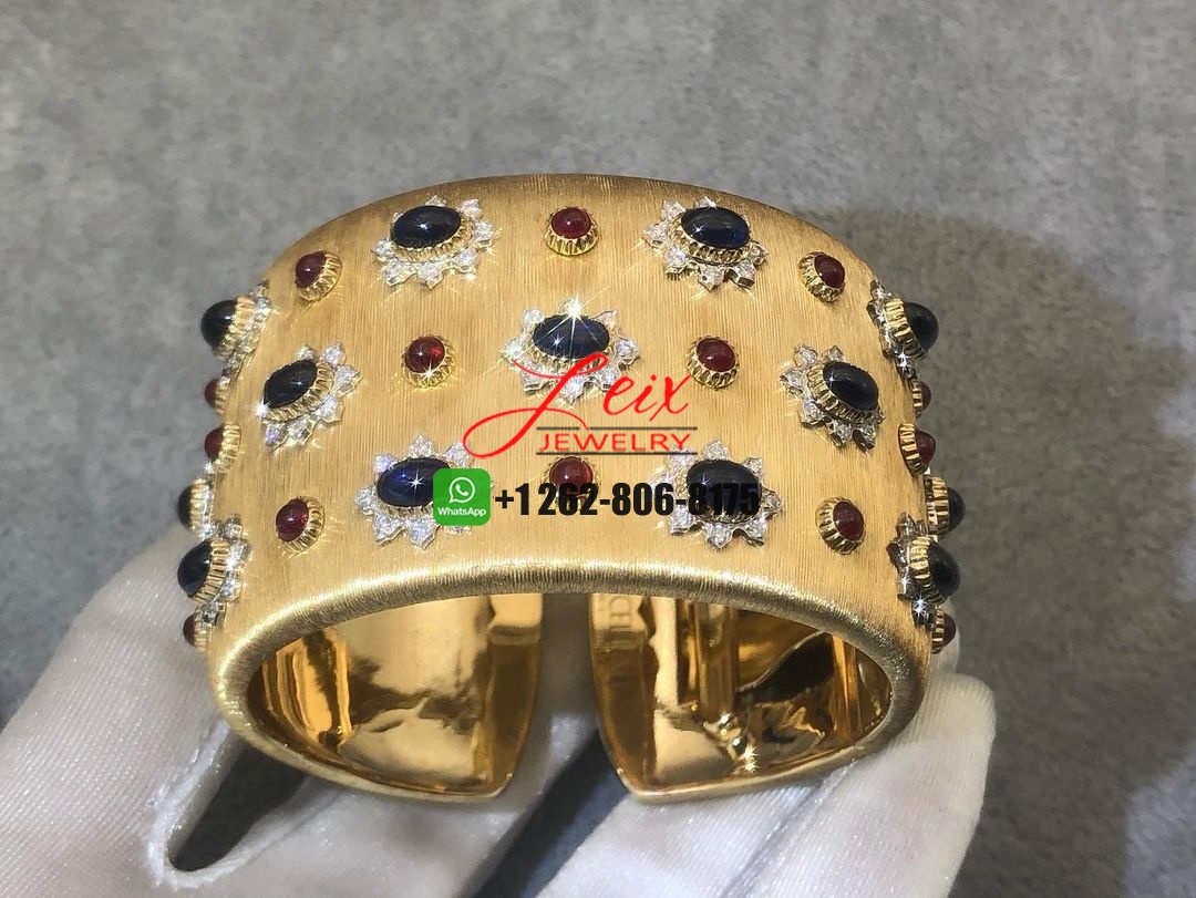 Mario Buccellati Sapphire, Ruby Diamond 18k Yellow Gold Wide Cuff Bracelet Mario Buccellati Sapphire, Ruby Diamond 18k Yellow Gold Wide Cuff Bracelet