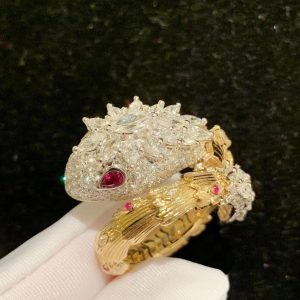 Custom Bvlgari Serpenti 18k Gold Diamonds & Ruby Snake Ring