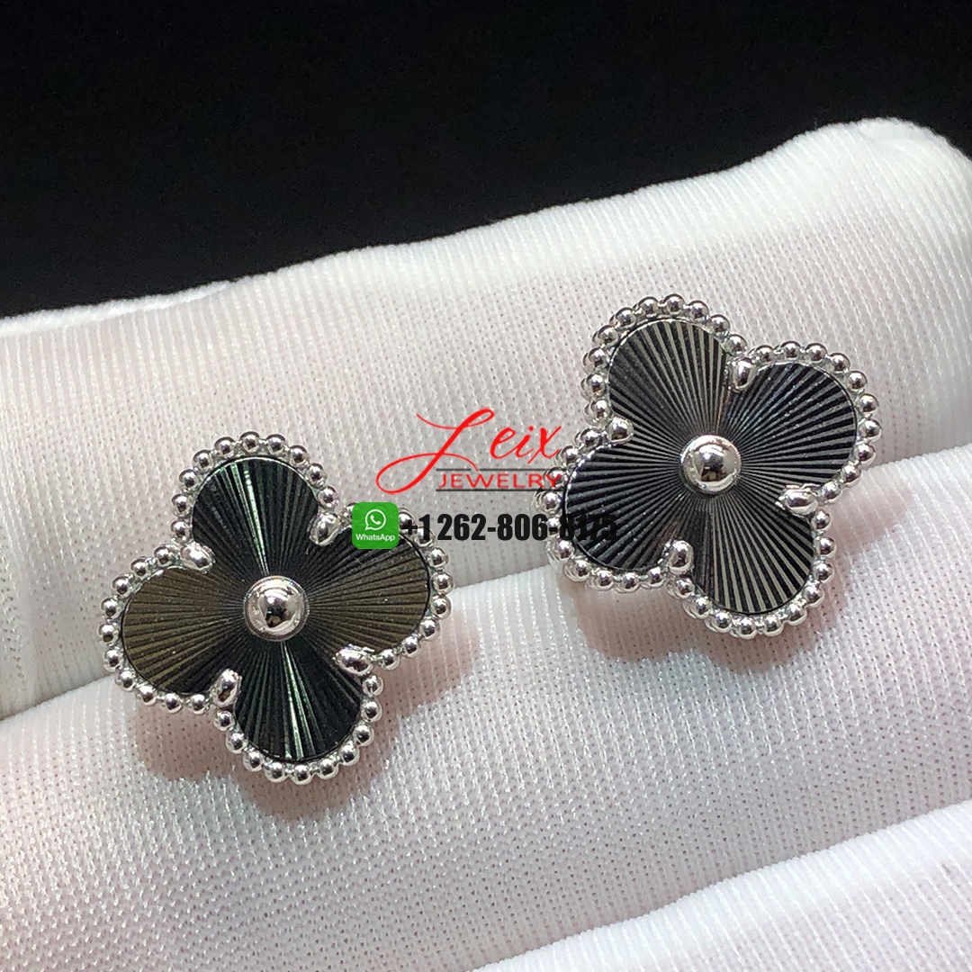 Custom Van Cleef & Arpels 18K White Gold Guilloche Vintage Alhambra Earrings (1)