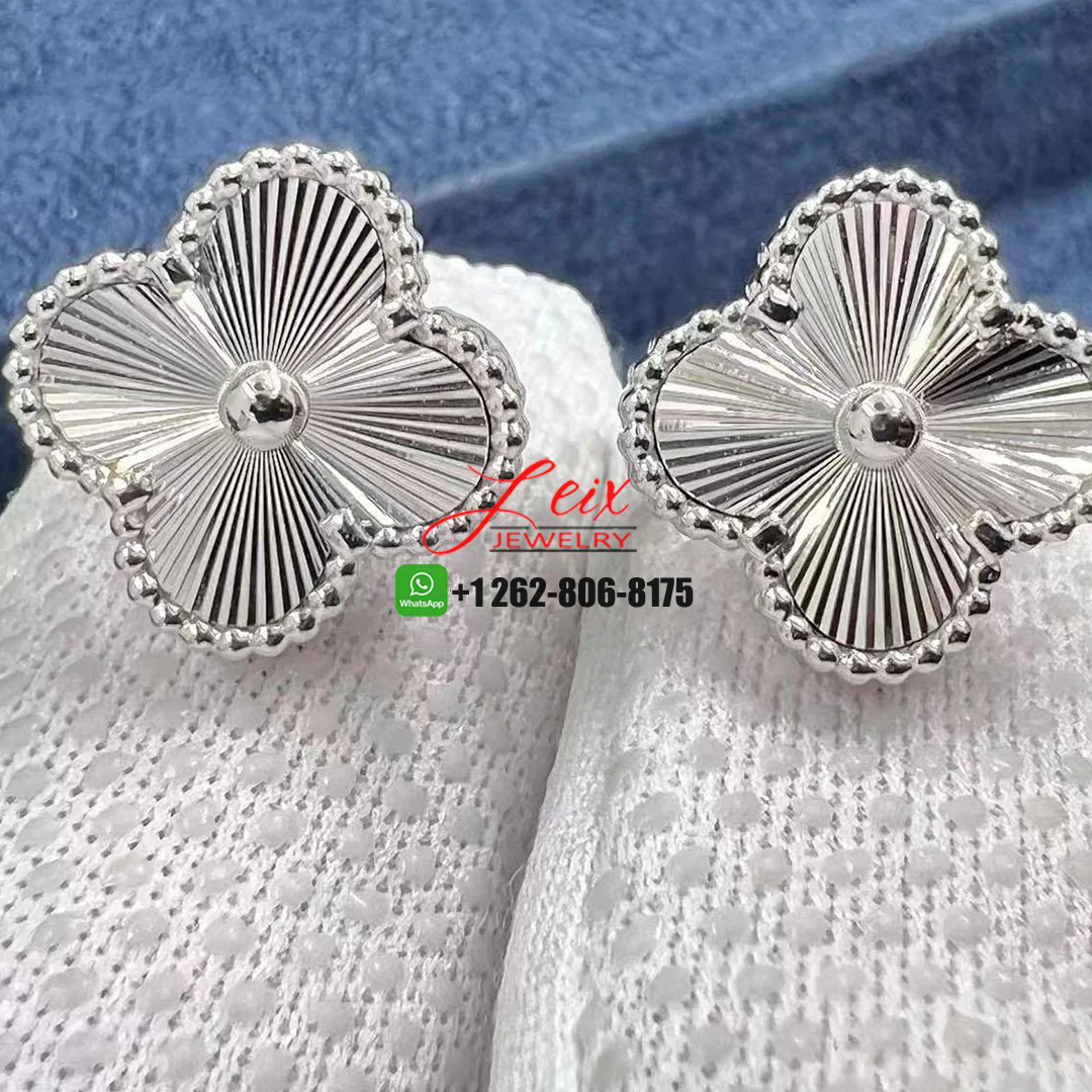 Custom Van Cleef & Arpels 18K White Gold Guilloche Vintage Alhambra Earrings (1) Custom Van Cleef & Arpels 18K White Gold Guilloche Vintage Alhambra Earrings