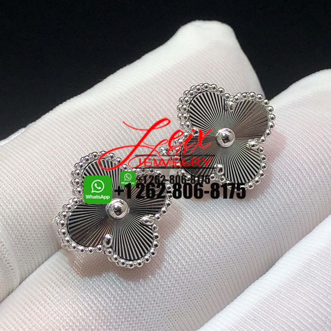 Custom Van Cleef & Arpels 18K White Gold Guilloche Vintage Alhambra Earrings (2)