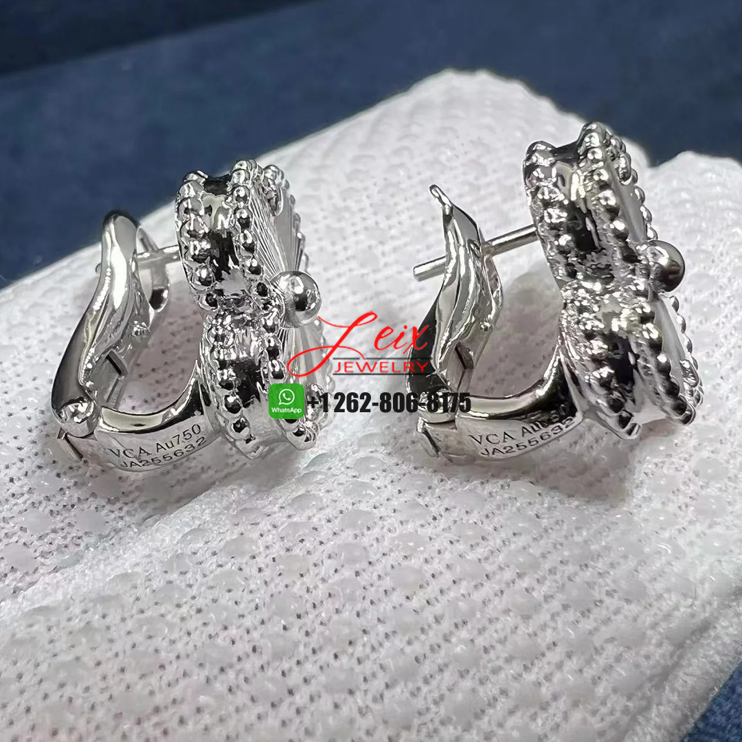 Custom Van Cleef & Arpels 18K White Gold Guilloche Vintage Alhambra Earrings (3) Custom Van Cleef & Arpels 18K White Gold Guilloche Vintage Alhambra Earrings