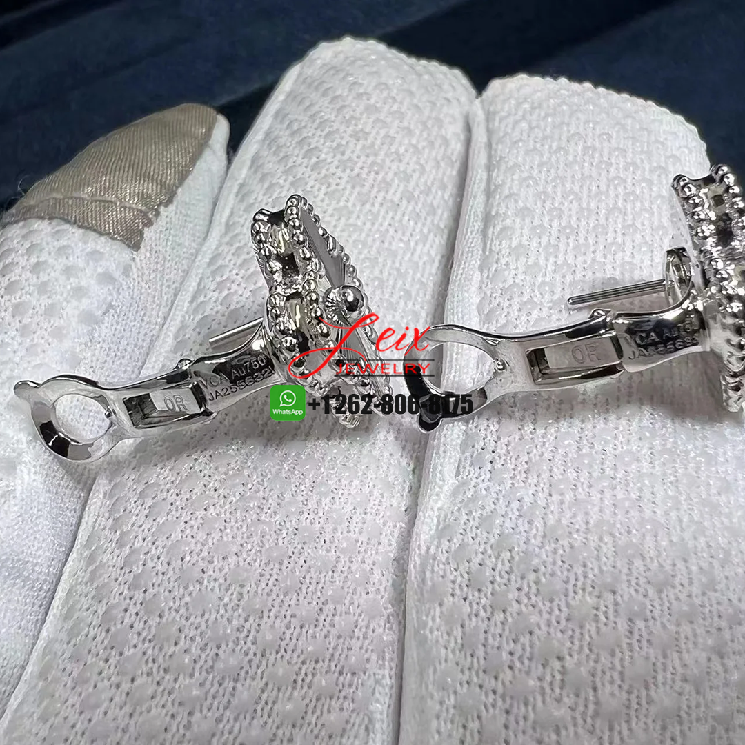 Custom Van Cleef & Arpels 18K White Gold Guilloche Vintage Alhambra Earrings (4) Custom Van Cleef & Arpels 18K White Gold Guilloche Vintage Alhambra Earrings