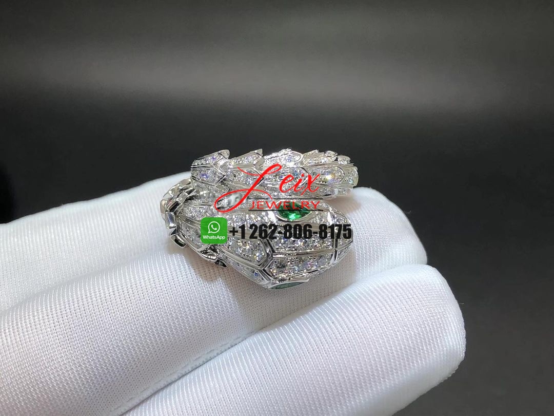 Inpsired Bvlgari Serpenti Ring 18k White Gold with Pavé Diamonds, Emerald Eyes (2) Inpsired Bvlgari Serpenti Ring 18k White Gold with Pavé Diamonds, Emerald Eyes