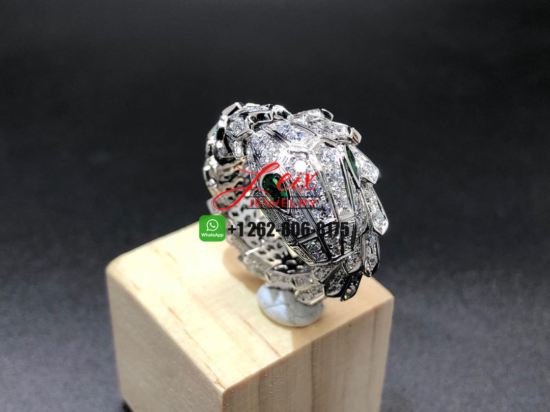 Inpsired Bvlgari Serpenti Ring 18k White Gold with Pavé Diamonds, Emerald Eyes (3) Inpsired Bvlgari Serpenti Ring 18k White Gold with Pavé Diamonds, Emerald Eyes