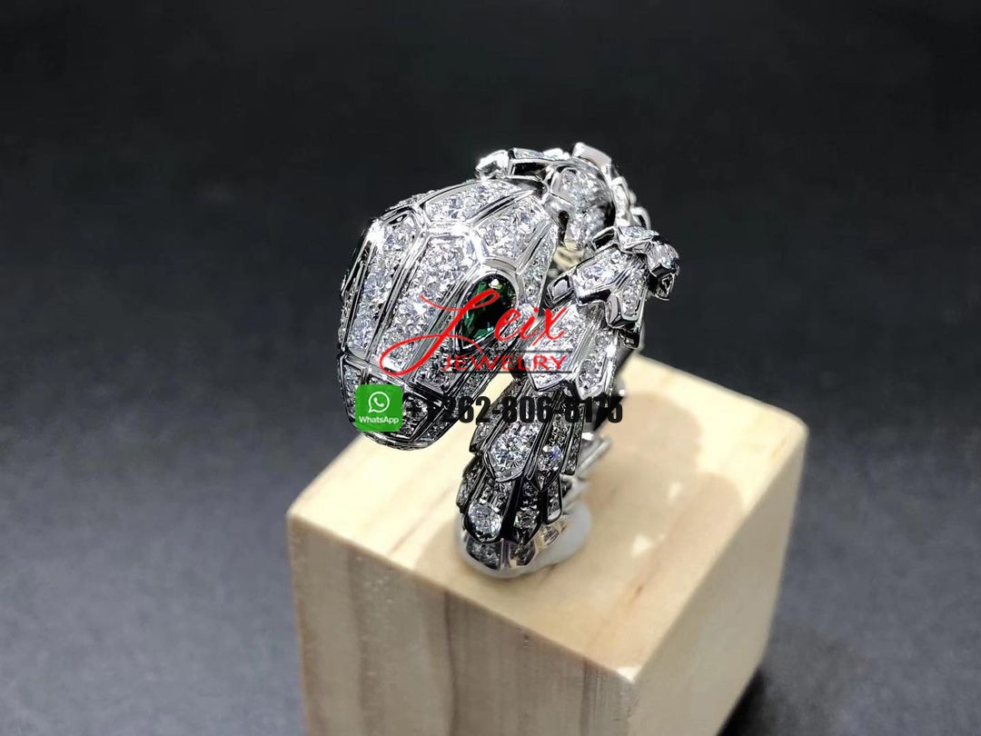 Inpsired Bvlgari Serpenti Ring 18k White Gold with Pavé Diamonds, Emerald Eyes Inpsired Bvlgari Serpenti Ring 18k White Gold with Pavé Diamonds, Emerald Eyes