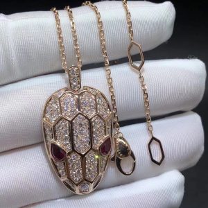 Bvlgari Serpenti Rubellite Eyes Pave 18K Rose Gold Diamonds Necklace