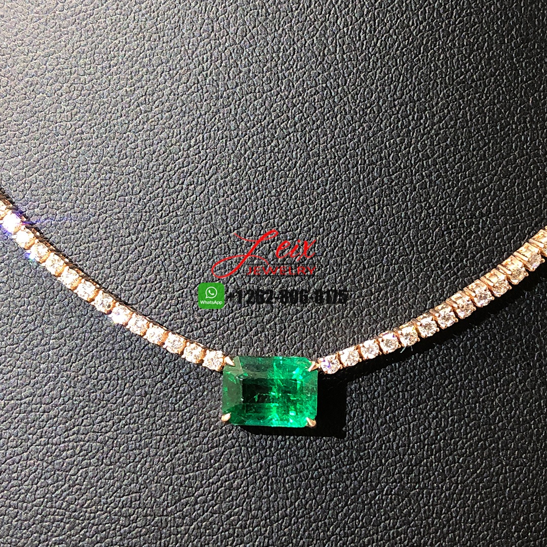 Custom Made 2.15ct Emerald and 5.39ct Diamond Tennis Necklace in 18K Rose Gold (4) Custom Made 2.15ct Emerald and 5.39ct Diamond Tennis Necklace in 18K Rose Gold