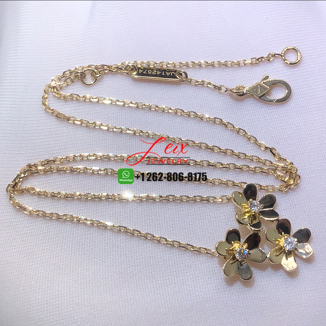 Van Cleef & Arpels 18K Yellow Gold Diamond Mini Frivole 3 Flowers Pendant Necklace (1) Van Cleef & Arpels 18K Yellow Gold Diamond Mini Frivole 3 Flowers Pendant Necklace