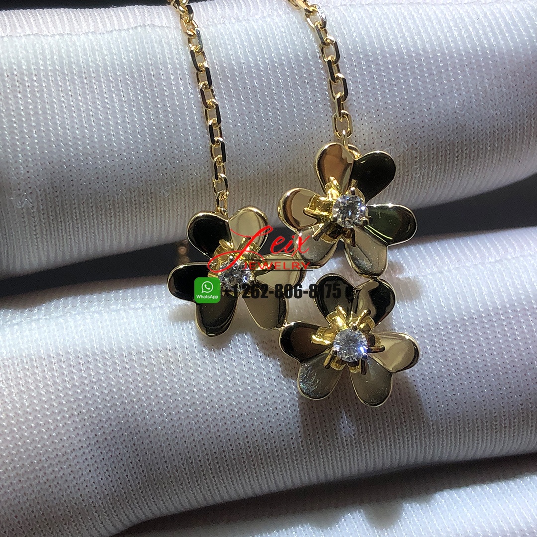 Van Cleef & Arpels 18K Yellow Gold Diamond Mini Frivole 3 Flowers Pendant Necklace (3) Van Cleef & Arpels 18K Yellow Gold Diamond Mini Frivole 3 Flowers Pendant Necklace