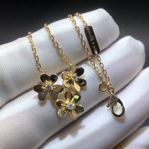 Van Cleef & Arpels 18K Yellow Gold Diamond Mini Frivole 3 Flowers Pendant Necklace