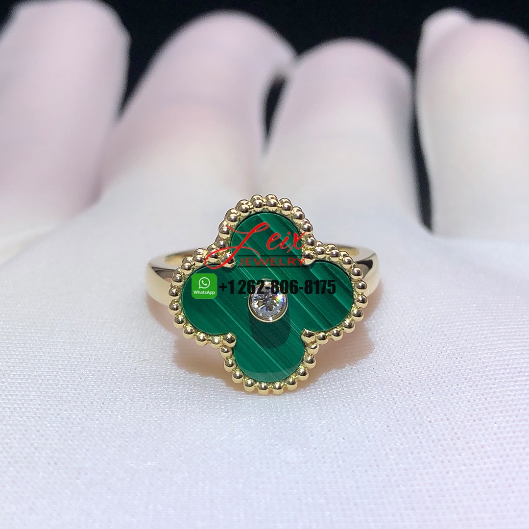 Van Cleef & Arpels Vintage Alhambra 18K Yellow Gold Malachite Diamond Ring (3) Van Cleef & Arpels Vintage Alhambra 18K Yellow Gold Malachite Diamond Ring