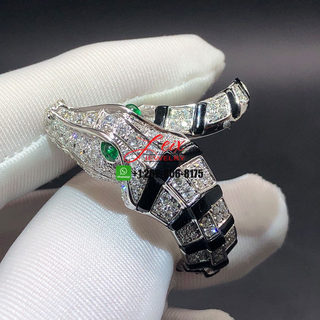 Cartier High Jewelry 18k White Gold with Onyx, Emeralds and Diamonds Crocodile Ring Cartier High Jewelry 18k White Gold with Onyx, Emeralds and Diamonds Crocodile Ring