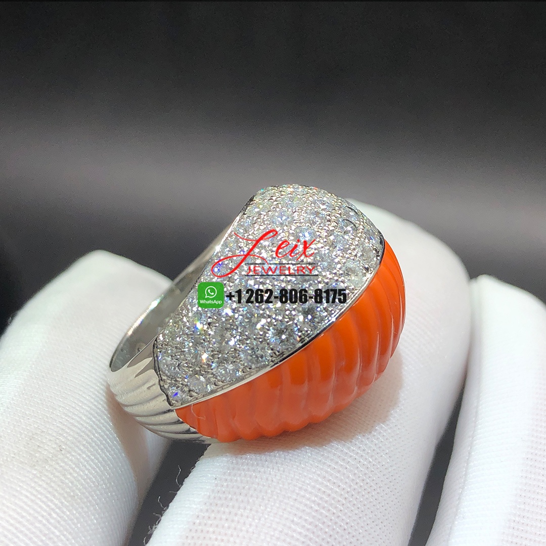 Cartier Bombe Diamond and Orange Coral Platinum Ring Cartier Bombe Diamond and Orange Coral Platinum Ring