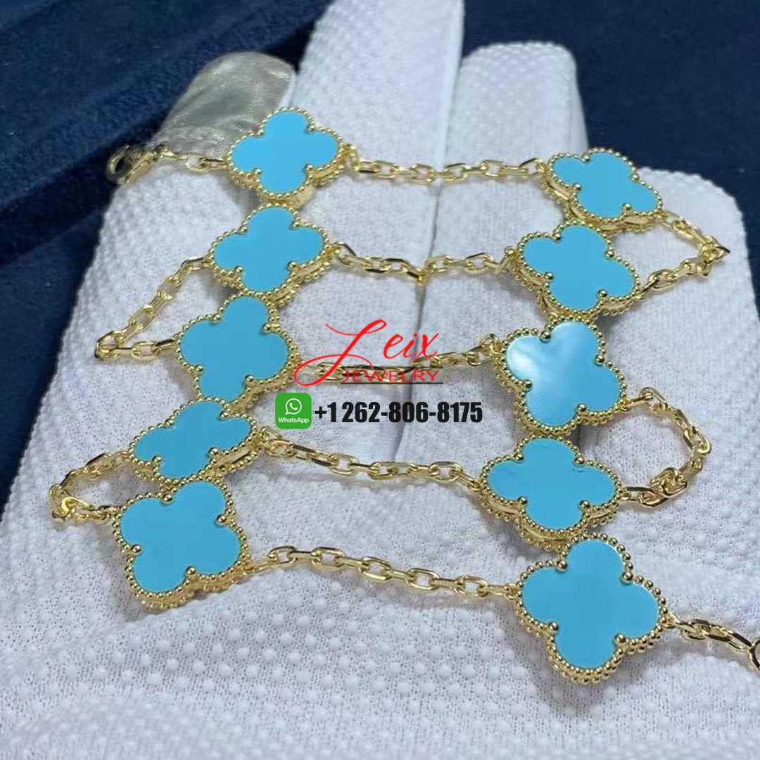 Van Cleef & Arpels Vintage Alhambra Turquoise 18K Yellow Gold 10 Motif Necklace (1) Van Cleef & Arpels Vintage Alhambra Turquoise 18K Yellow Gold 10 Motif Necklace