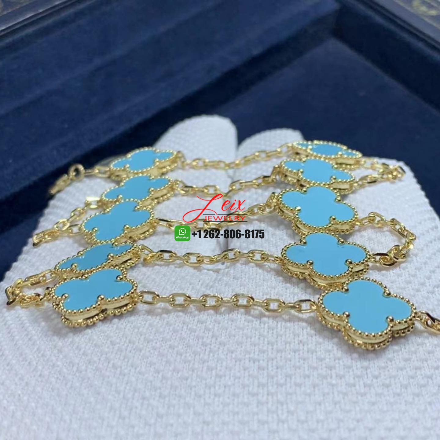 Van Cleef & Arpels Vintage Alhambra Turquoise 18K Yellow Gold 10 Motif Necklace (2) Van Cleef & Arpels Vintage Alhambra Turquoise 18K Yellow Gold 10 Motif Necklace
