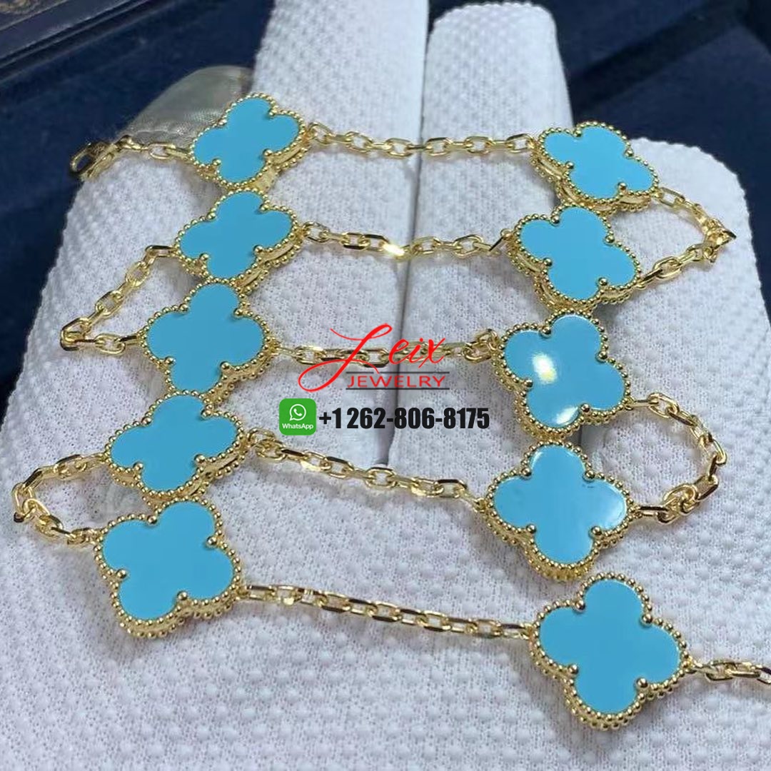 Van Cleef & Arpels Vintage Alhambra Turquoise 18K Yellow Gold 10 Motif Necklace (4) Van Cleef & Arpels Vintage Alhambra Turquoise 18K Yellow Gold 10 Motif Necklace