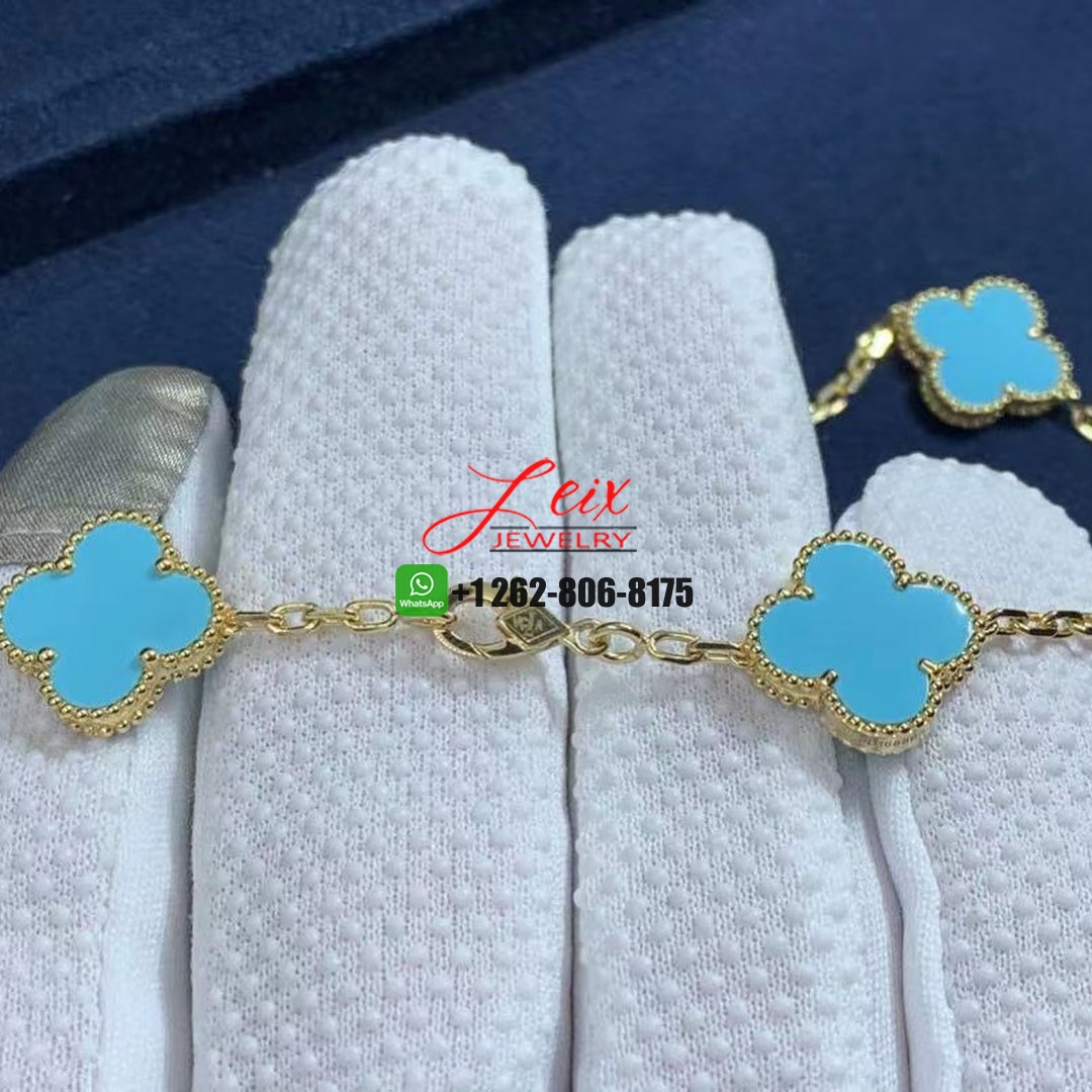Van Cleef & Arpels Vintage Alhambra Turquoise 18K Yellow Gold 10 Motif Necklace (5) Van Cleef & Arpels Vintage Alhambra Turquoise 18K Yellow Gold 10 Motif Necklace