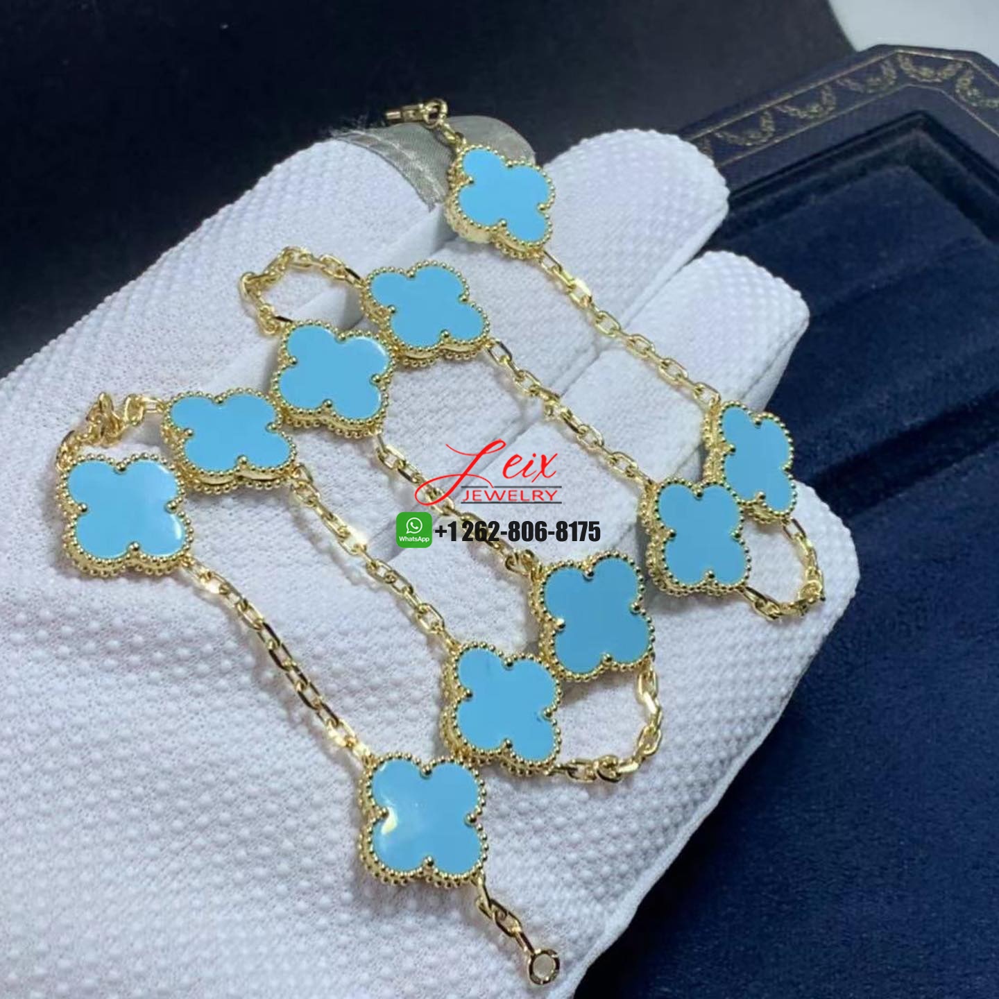 Van Cleef & Arpels Vintage Alhambra Turquoise 18K Yellow Gold 10 Motif Necklace (6) Van Cleef & Arpels Vintage Alhambra Turquoise 18K Yellow Gold 10 Motif Necklace