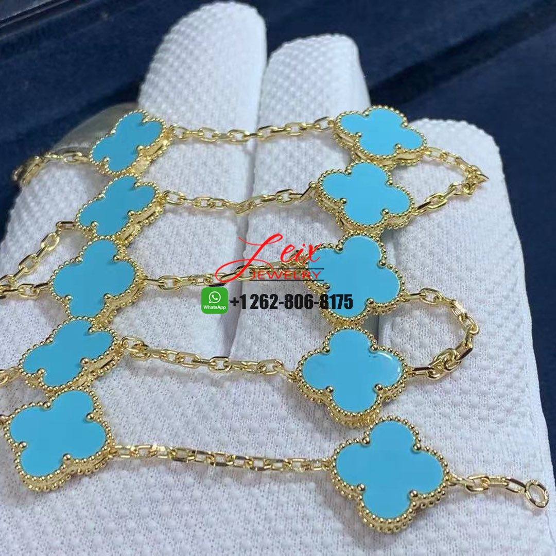 Van Cleef & Arpels Vintage Alhambra Turquoise 18K Yellow Gold 10 Motif Necklace Van Cleef & Arpels Vintage Alhambra Turquoise 18K Yellow Gold 10 Motif Necklace