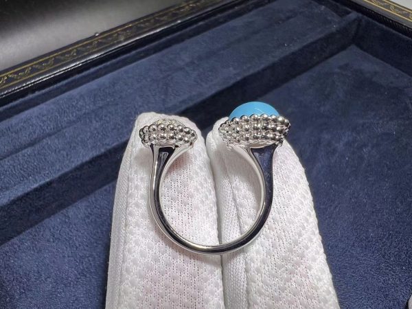 Van Cleef Perlée Couleurs 18K White Gold Diamond & Turquoise Between the Finger Ring
