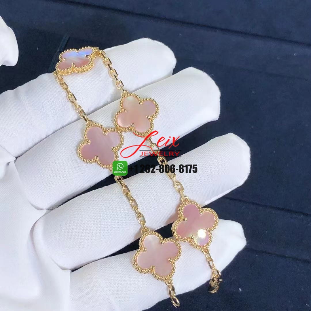 Custom Van Cleef & Arpels Pink Mother of Pearl Vintage Alhambra 5 Motif 18k Yellow Gold Bracelet (1) Custom Van Cleef & Arpels Pink Mother of Pearl Vintage Alhambra 5 Motif 18k Yellow Gold Bracelet
