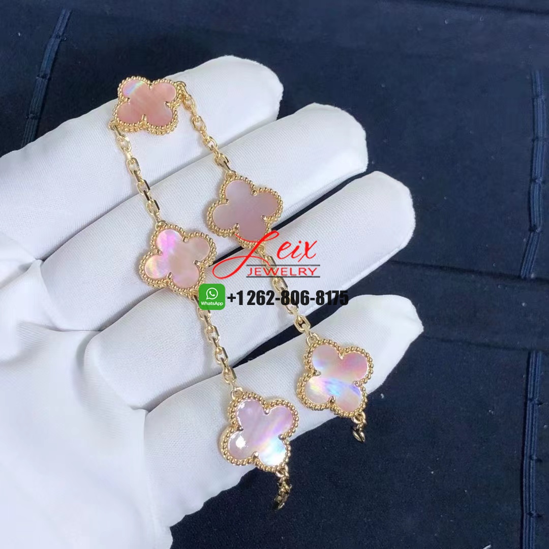 Custom Van Cleef & Arpels Pink Mother of Pearl Vintage Alhambra 5 Motif 18k Yellow Gold Bracelet (2) Custom Van Cleef & Arpels Pink Mother of Pearl Vintage Alhambra 5 Motif 18k Yellow Gold Bracelet
