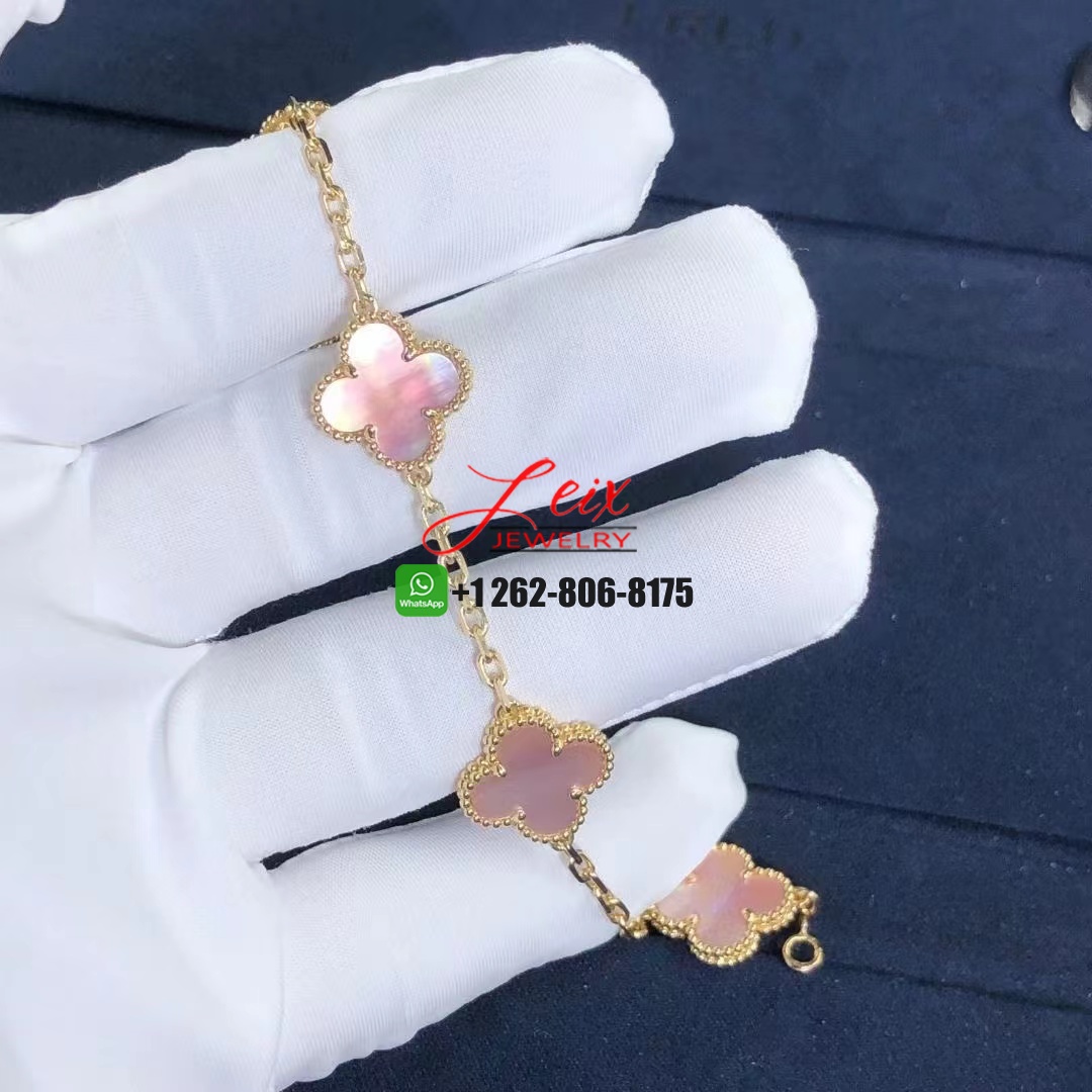 Custom Van Cleef & Arpels Pink Mother of Pearl Vintage Alhambra 5 Motif 18k Yellow Gold Bracelet (3) Custom Van Cleef & Arpels Pink Mother of Pearl Vintage Alhambra 5 Motif 18k Yellow Gold Bracelet