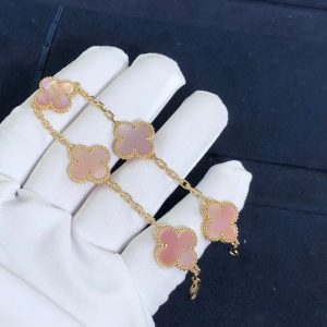 Custom Van Cleef & Arpels Pink Mother of Pearl Vintage Alhambra 5 Motif 18k Yellow Gold Bracelet