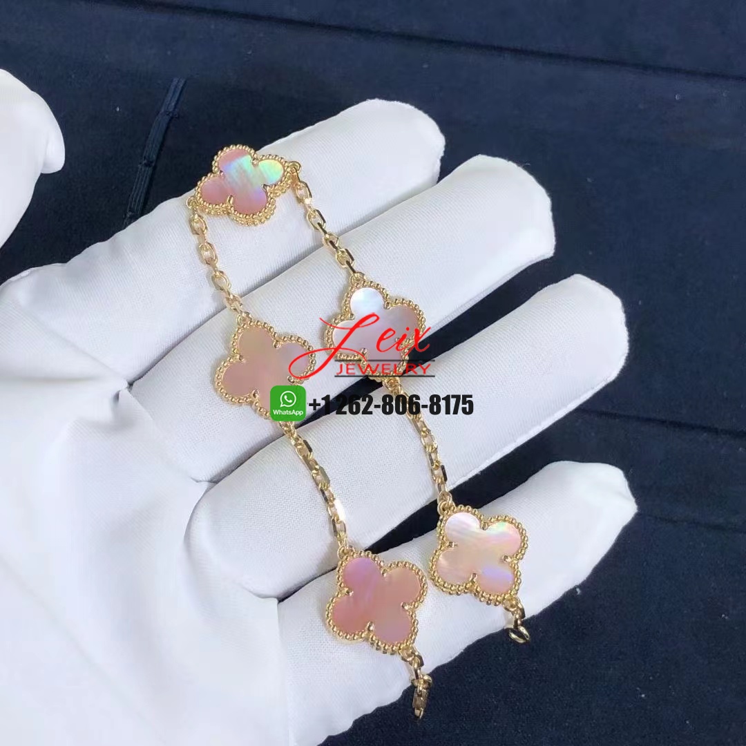 Custom Van Cleef & Arpels Pink Mother of Pearl Vintage Alhambra 5 Motif 18k Yellow Gold Bracelet (4) Custom Van Cleef & Arpels Pink Mother of Pearl Vintage Alhambra 5 Motif 18k Yellow Gold Bracelet