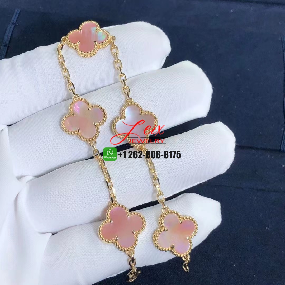 Custom Van Cleef & Arpels Pink Mother of Pearl Vintage Alhambra 5 Motif 18k Yellow Gold Bracelet (5) Custom Van Cleef & Arpels Pink Mother of Pearl Vintage Alhambra 5 Motif 18k Yellow Gold Bracelet