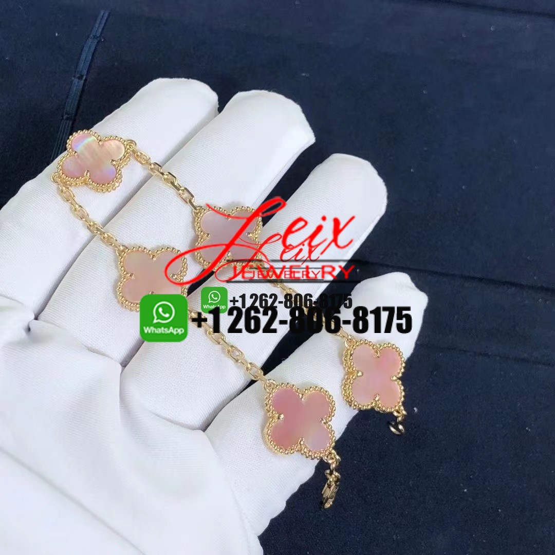 Custom Van Cleef & Arpels Pink Mother of Pearl Vintage Alhambra 5 Motif 18k Yellow Gold Bracelet Custom Van Cleef & Arpels Pink Mother of Pearl Vintage Alhambra 5 Motif 18k Yellow Gold Bracelet