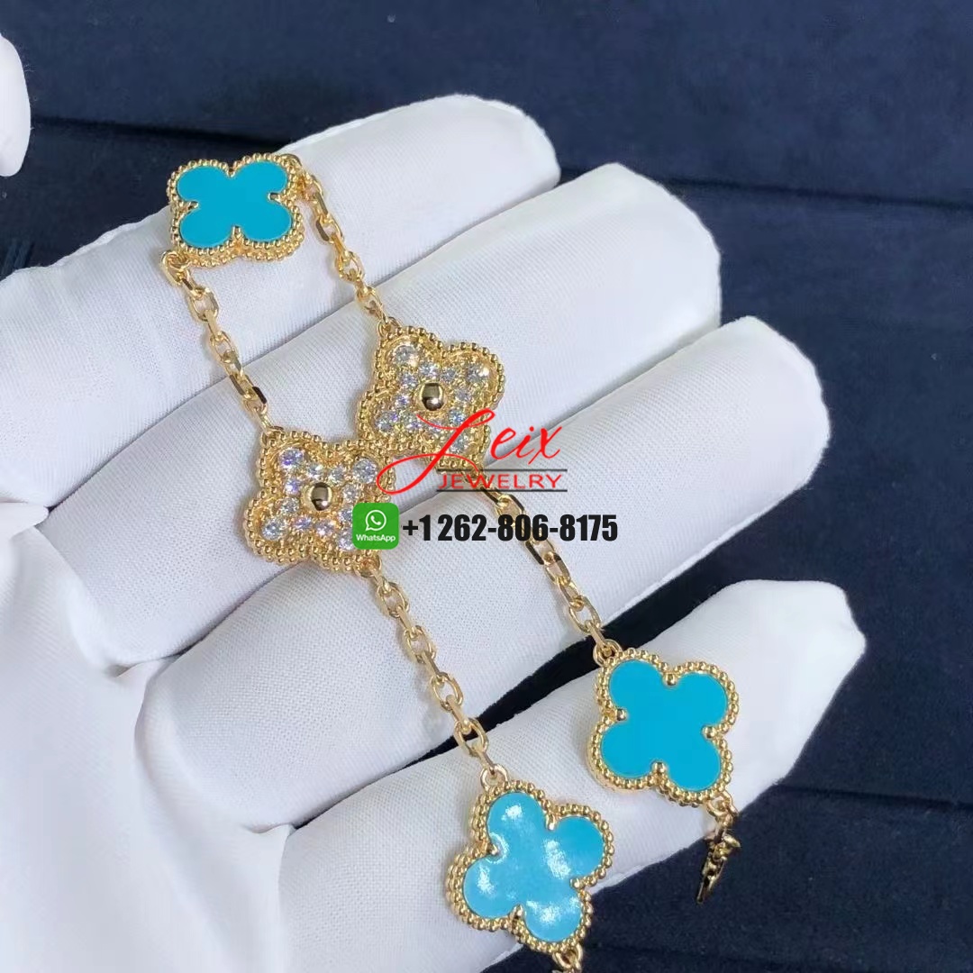 Van Cleef & Arpels Vintage Alhambra 5 Motifs Diamond and Turquoise 18k Yellow Gold Bracelet (1) Van Cleef & Arpels Vintage Alhambra 5 Motifs Diamond and Turquoise 18k Yellow Gold Bracelet