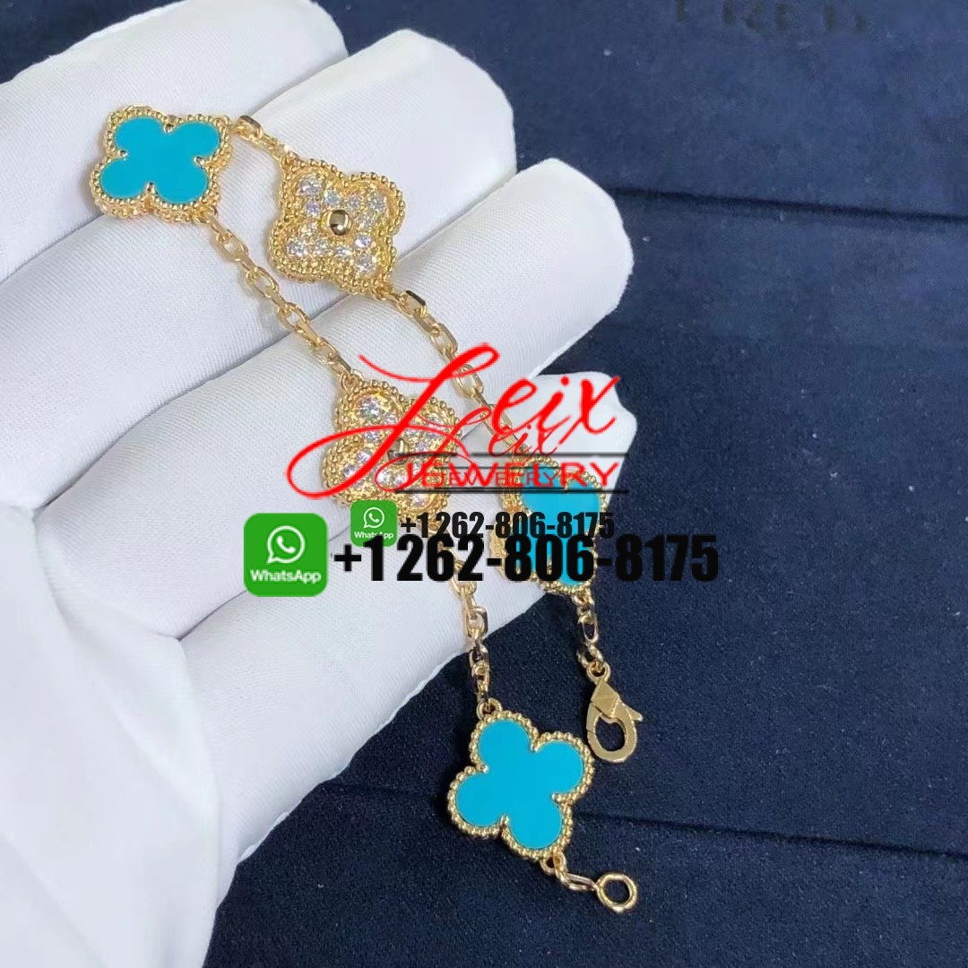 Van Cleef & Arpels Vintage Alhambra 5 Motifs Diamond and Turquoise 18k Yellow Gold Bracelet Van Cleef & Arpels Vintage Alhambra 5 Motifs Diamond and Turquoise 18k Yellow Gold Bracelet