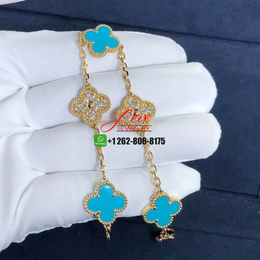 Van Cleef & Arpels Vintage Alhambra 5 Motifs Diamond and Turquoise 18k Yellow Gold Bracelet (3) Van Cleef & Arpels Vintage Alhambra 5 Motifs Diamond and Turquoise 18k Yellow Gold Bracelet
